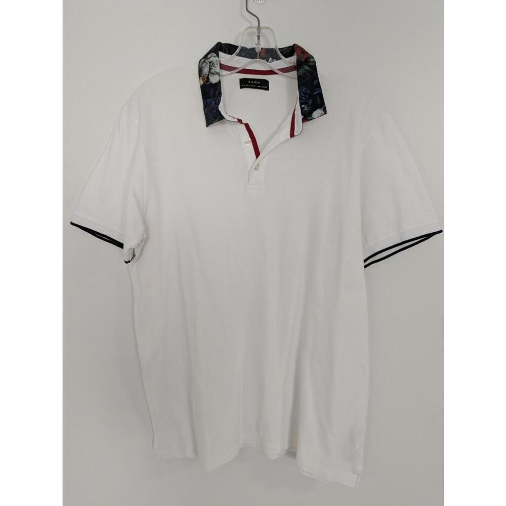 Zara Men's White Polo Size XL Floral Collar Bohemian Quiet Luxury